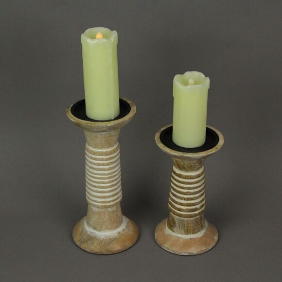 Set of 2 Wood Pedestal Candle Holders Rustic White Washed Pillar Centerpieces - Picture 2 of 3